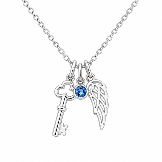Key & Angel Wing Birthstone Necklace in 925 sterling silver