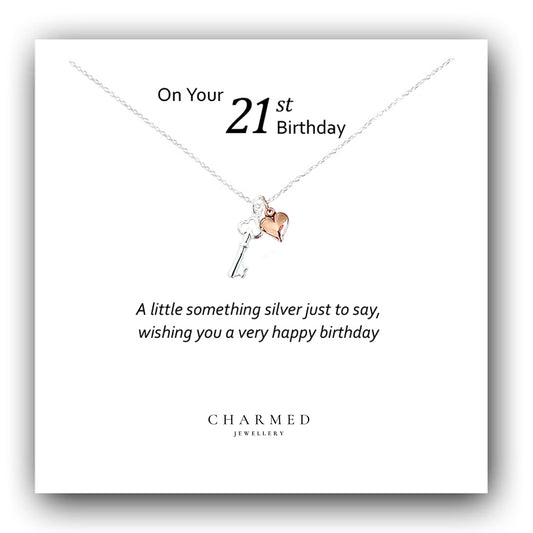 21st Birthday Key Necklace with Rose Gold Heart in Sterling Silver 925, Personalised Jewellery Gift