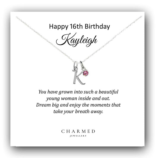 Sweet 16 Initial Necklace with Birthstone in Sterling Silver 925, Personalised Jewellery Gift