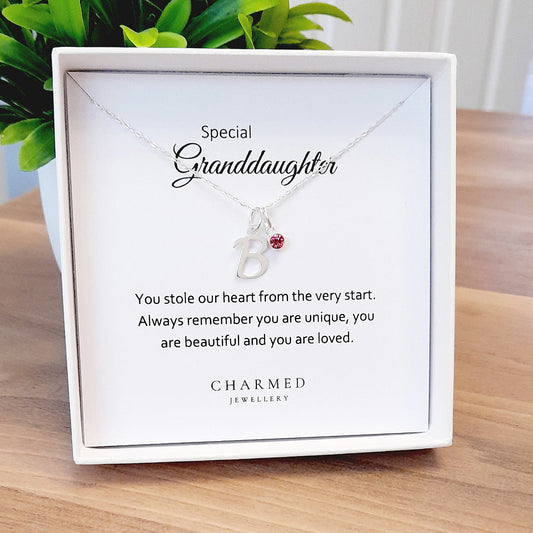 Granddaughter Initial Necklace with Birthstone | Sterling Silver 925 | Personalised Jewellery Gift