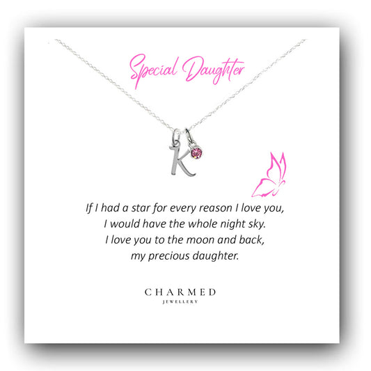Daughter Letter Necklace with Birthstone in Sterling Silver 925, Personalised Jewellery Gift