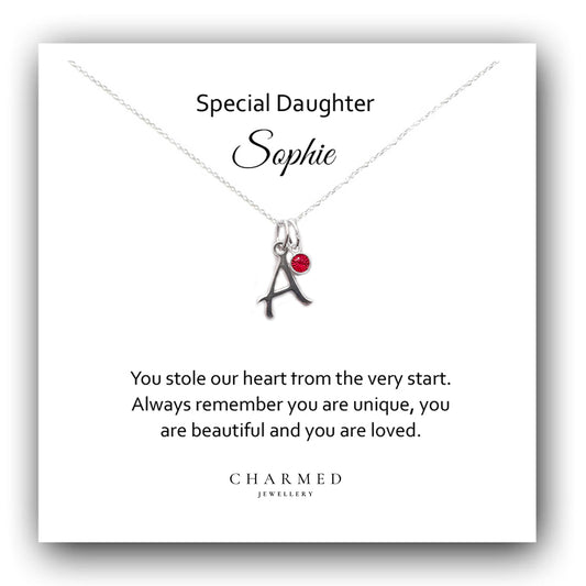 Daughter Initial Necklace with Birthstone in Sterling Silver 925, Personalised Jewellery Gift