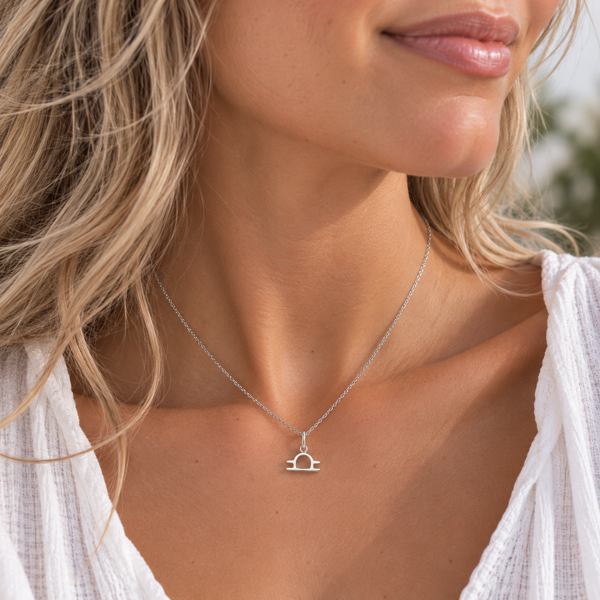 Sterling Silver Libra Zodiac Necklace worn by model