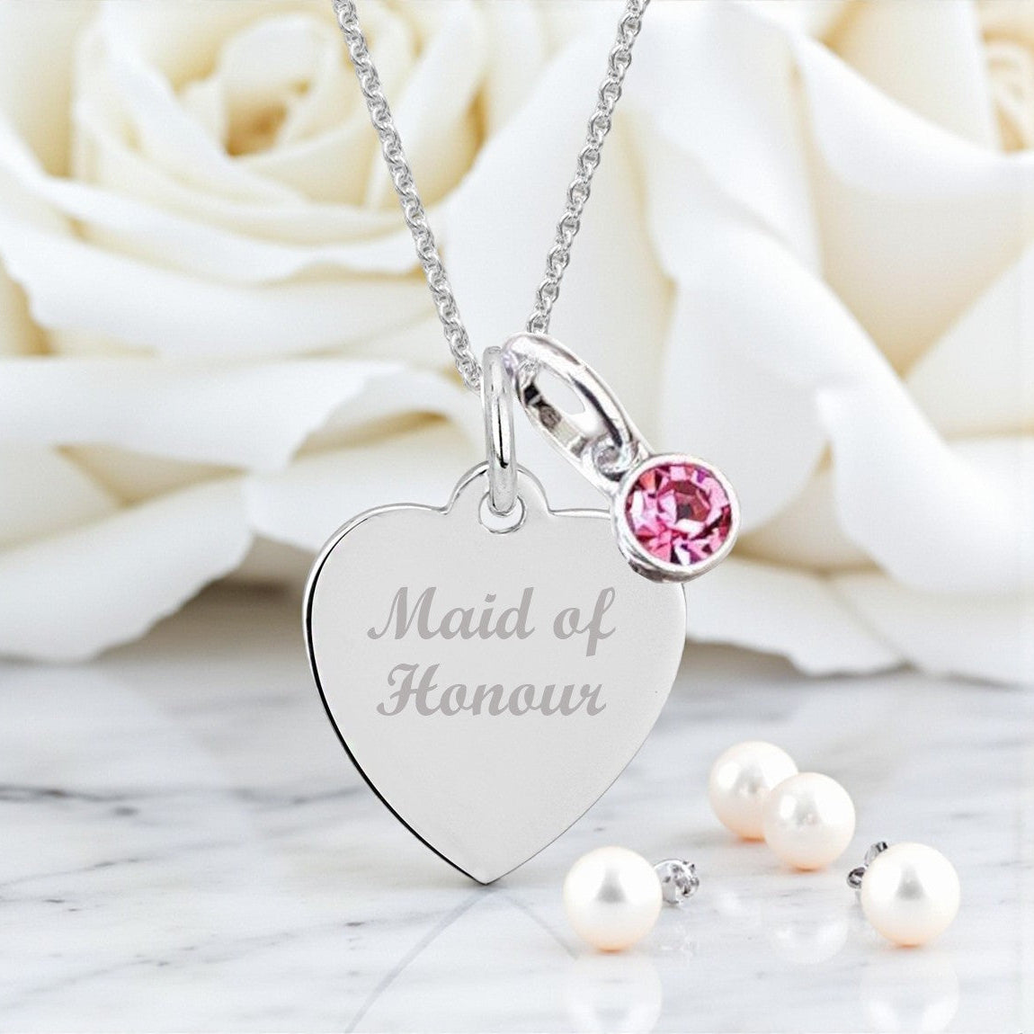 Maid of Honour Engraved Necklace with Birthstone in Sterling Silver 925 | Personalised Jewellery Gift