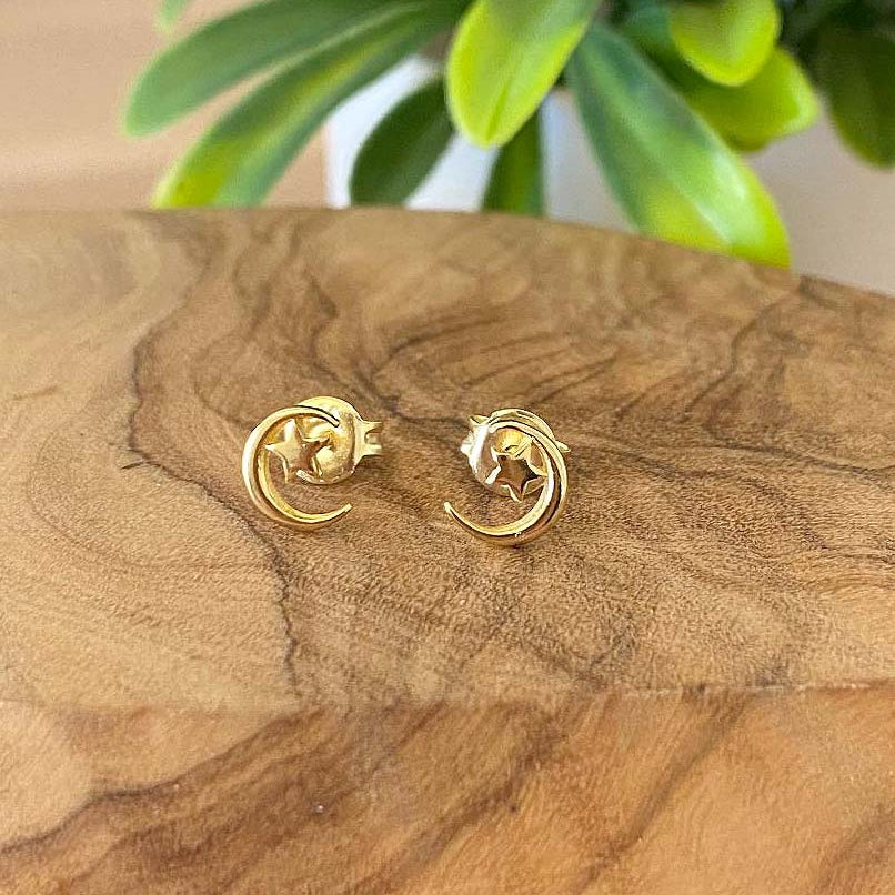 Moon and Stars Stud Earrings 14ct Yellow Gold Plated 925 Sterling Silver