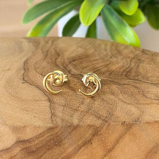 Moon and Stars Stud Earrings 14ct Yellow Gold Plated 925 Sterling Silver