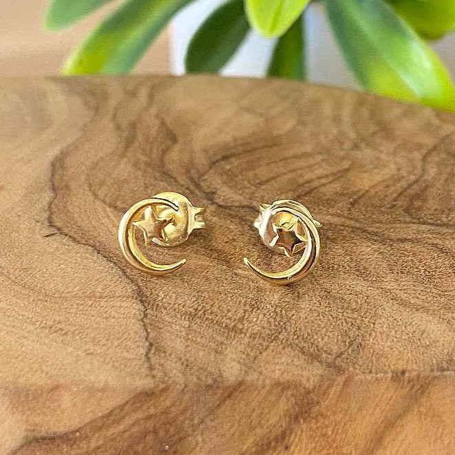 Moon & Star Stud Earrings | 18ct Gold Plated Sterling Silver | Personalised Gift for Her