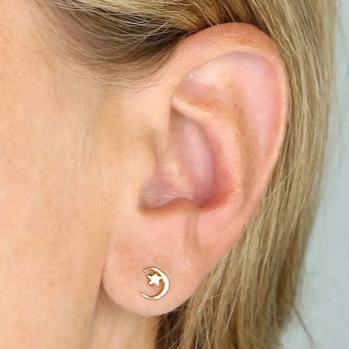 Moon and Stars Stud Earrings | 14ct Gold Plated Sterling Silver 925 | Celestial Jewellery Gift