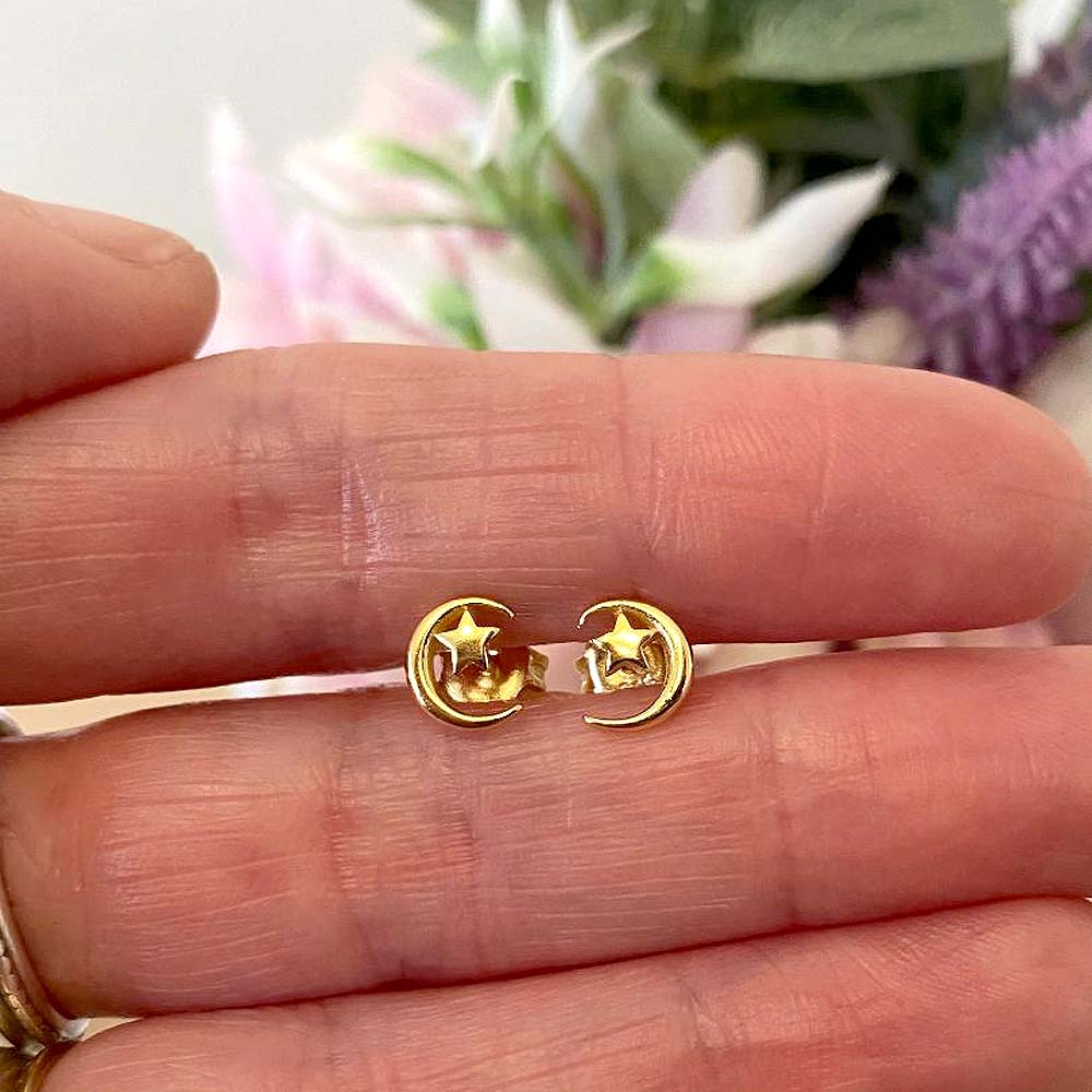 Moon and Stars Stud Earrings | 14ct Gold Plated Sterling Silver 925 | Celestial Jewellery Gift