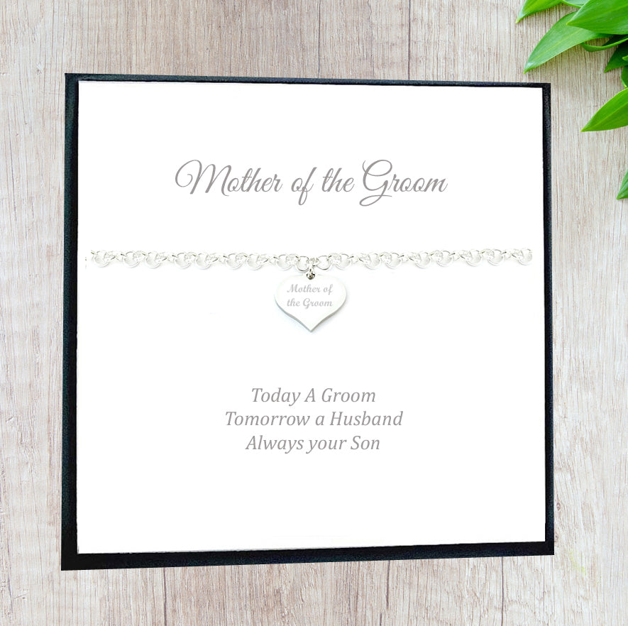 Mother of the Groom Engraved Heart Link Bracelet Wedding Gift, Message Jewellery