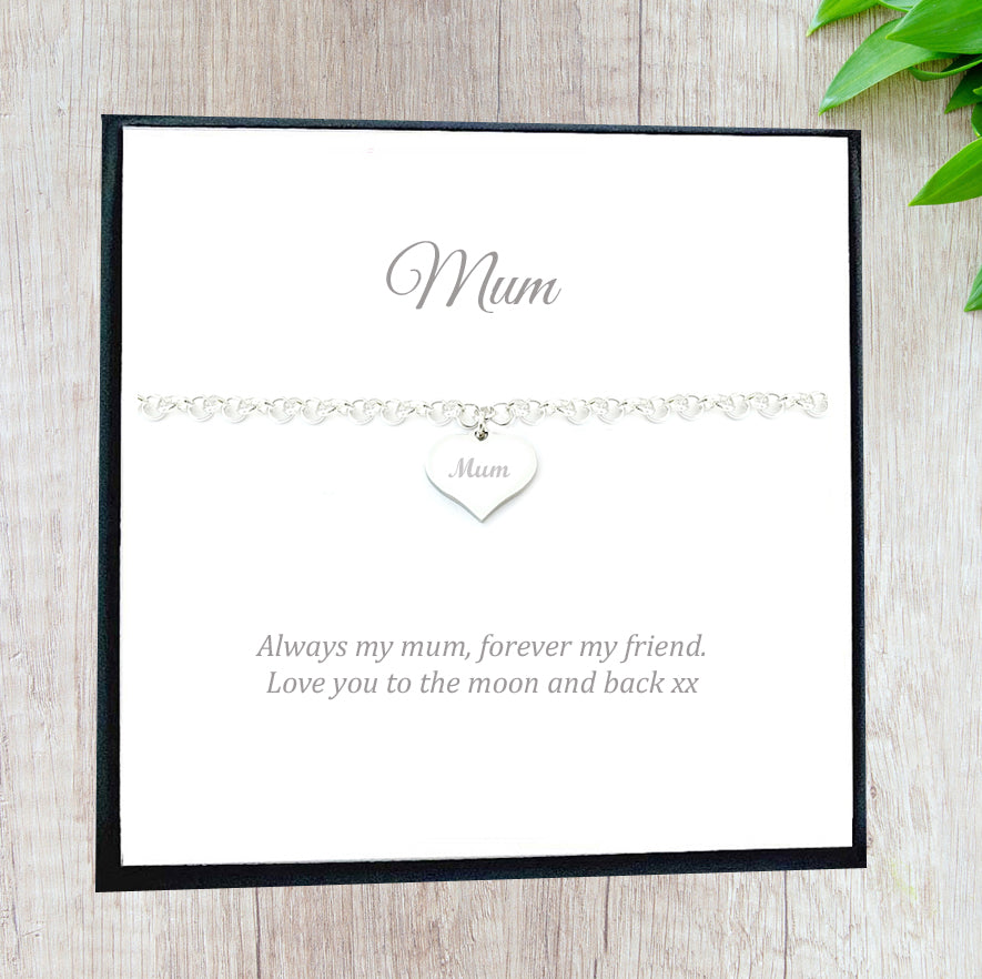 Mum Engraved Heart Link Bracelet, Message Jewellery