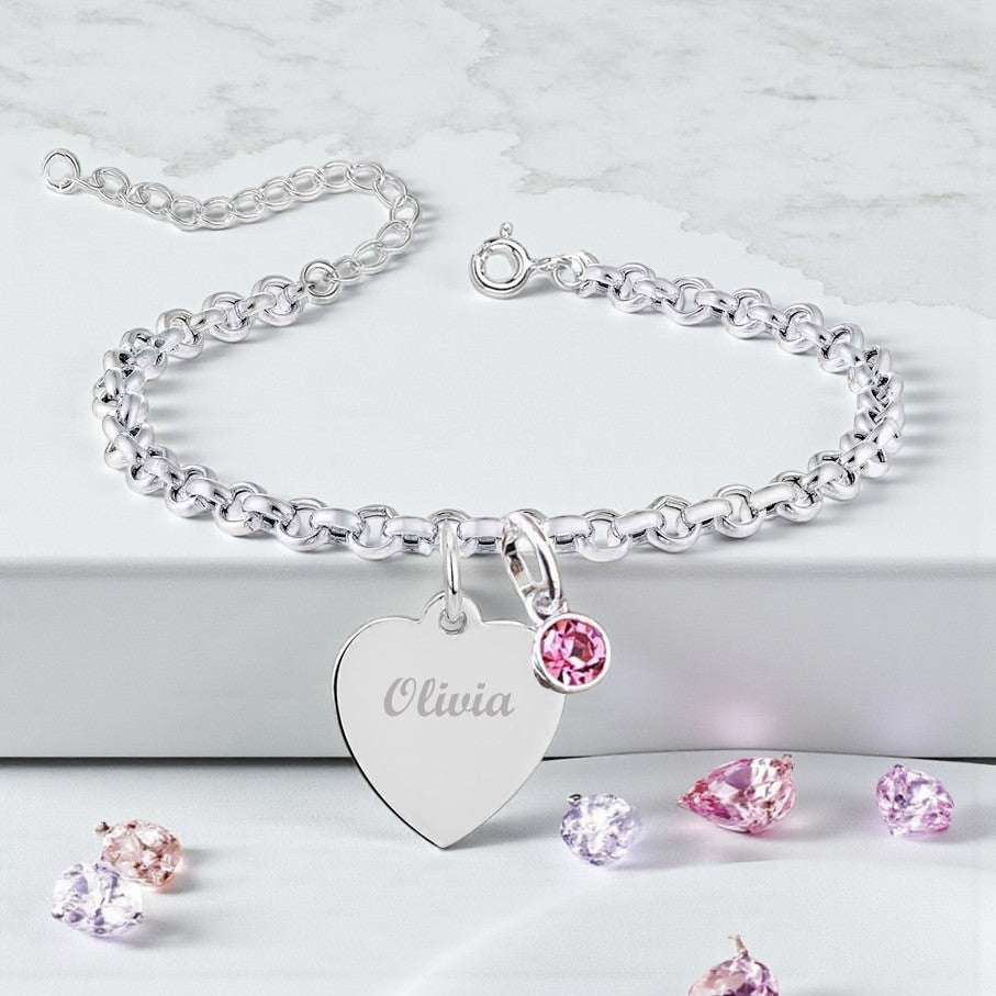 Engraved Heart Name Birthstone Bracelet in Sterling Silver 925 | Personalised Jewellery Gift