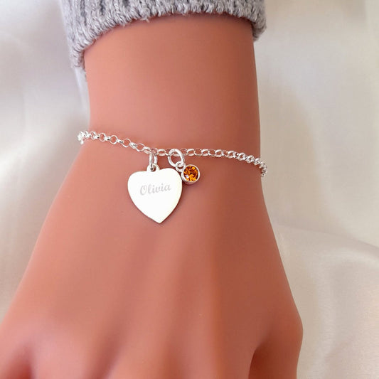 Engraved Name Birthstone Bracelet Sterling Silver, Personalised Jewellery