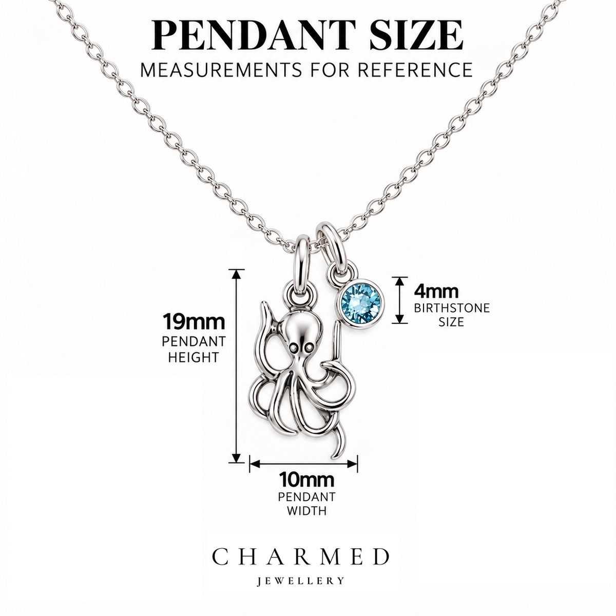 Octopus Birthstone Necklace measurement guide – 19mm x 10mm pendant