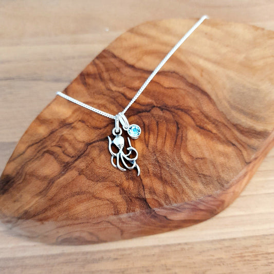 Octopus Birthstone Necklace Sterling Silver 925, Personalised Jewellery