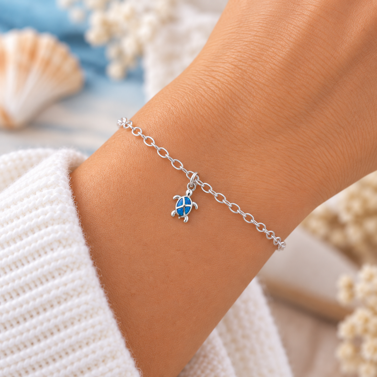 Blue Opal Turtle Charm Bracelet in sterling silver worn by model