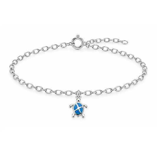 Blue Opal Turtle Charm Bracelet in 925 sterling silver