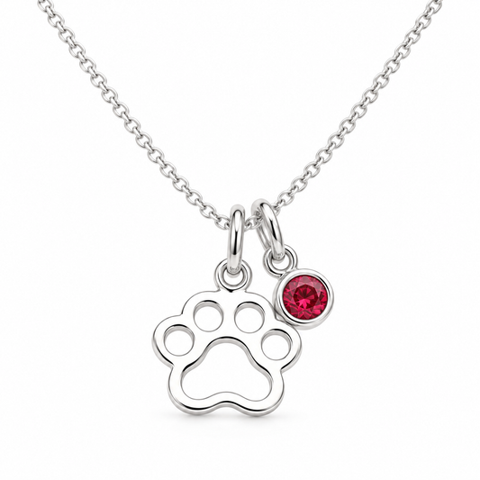 Open Paw Print Birthstone Necklace in 925 sterling silver