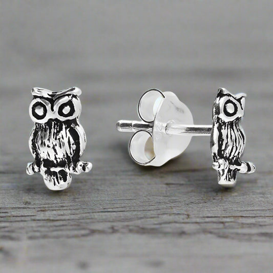 Sterling Silver Small Owl Stud Earrings | Dainty Animal Jewellery