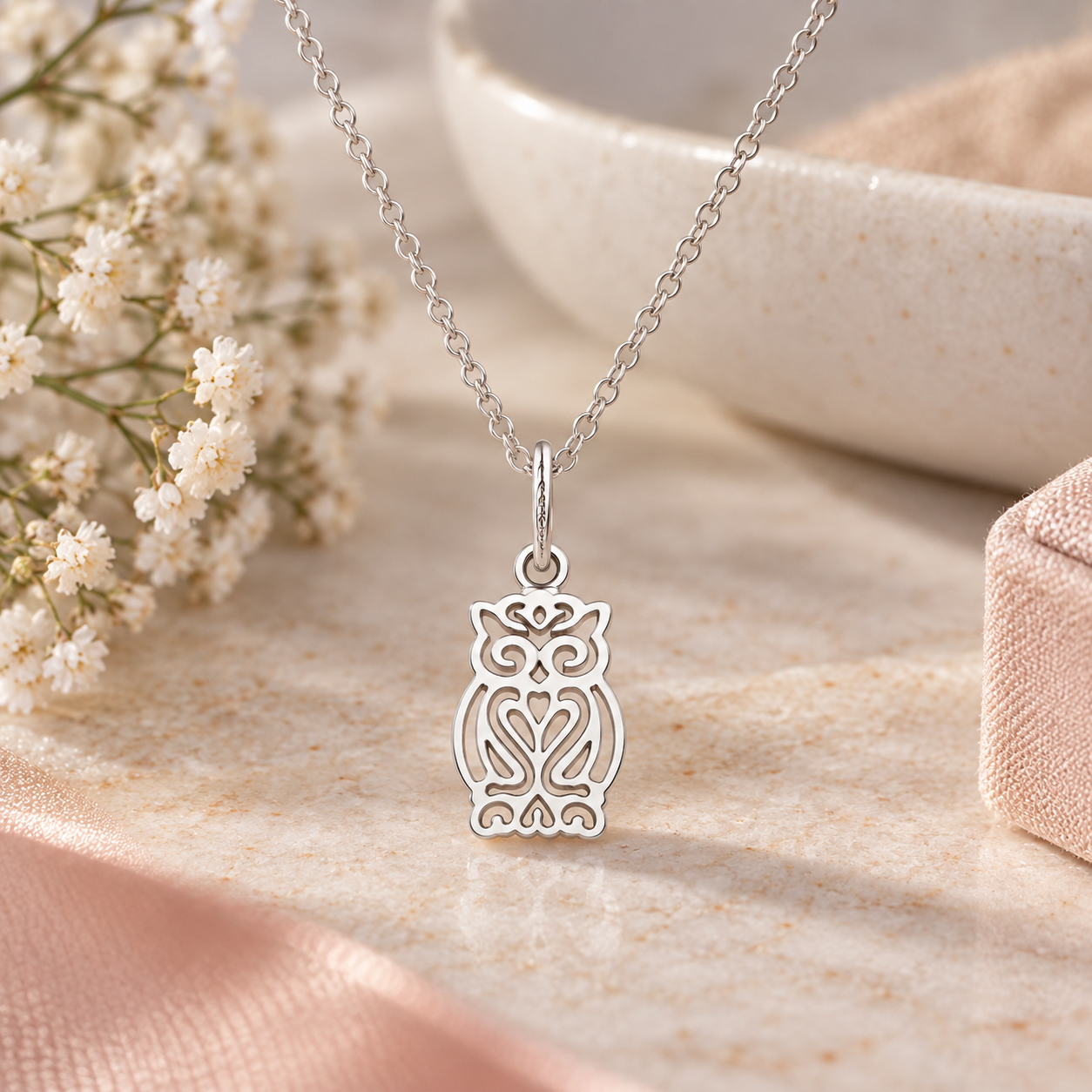 Sterling Silver Filigree Owl Necklace – animal jewellery gift