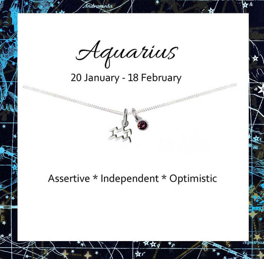 Aquarius Zodiac Necklace with Birthstone in Sterling Silver 925, Personalised Jewellery Gift