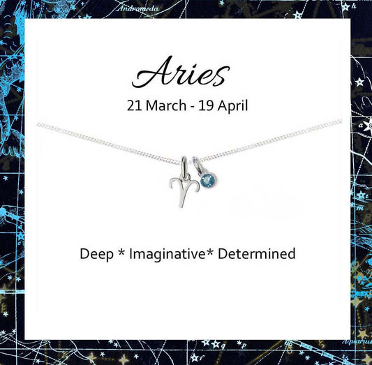 Aries Zodiac Necklace with Birthstone in Sterling Silver 925, Personalised Jewellery Gift