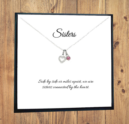 Sister Cubic Zirconia Heart Necklace with Birthstone in Sterling Silver 925, Personalised Gift