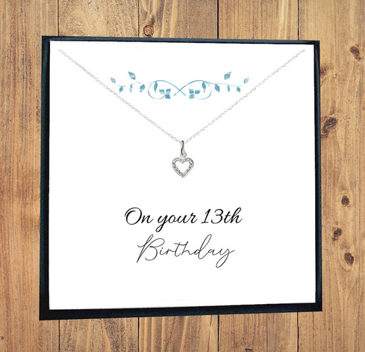 13th Birthday Gift, CZ Heart Necklace for Teen Girl's, 925 Sterling Silver, Message Jewellery