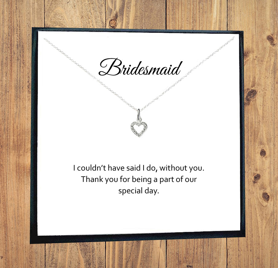 Bridesmaid Heart Necklace with Cubic Zirconia in Sterling Silver 925, Personalised Gift
