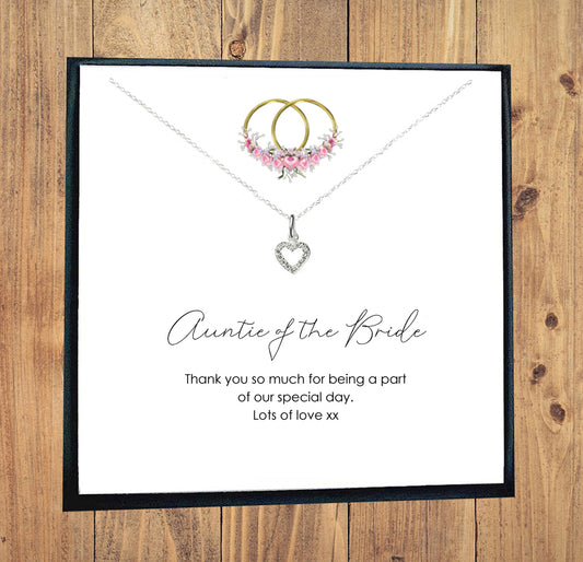 Auntie of the Bride Heart Necklace with Cubic Zirconia in Sterling Silver 925, Personalised Gift