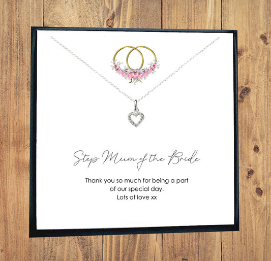Step Mum of the Bride Heart Necklace with Cubic Zirconia in Sterling Silver 925, Personalised Gift