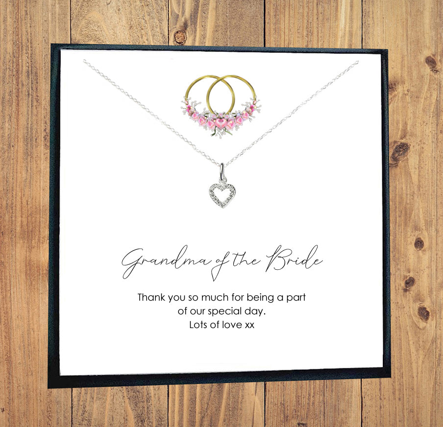 Grandma of the Bride Heart Necklace with Cubic Zirconia in Sterling Silver 925, Personalised Gift