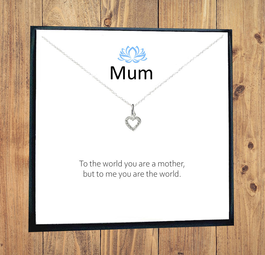 Mum Heart Necklace with Cubic Zirconia in Sterling Silver 925, Personalised Gift