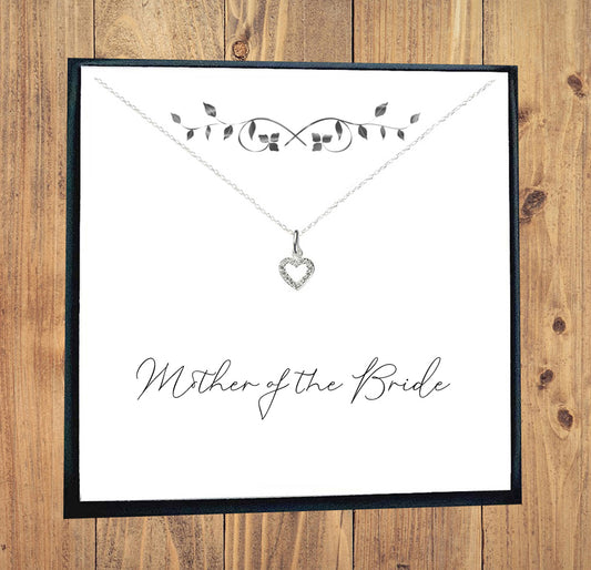 Mother of the Bride Heart Necklace with Cubic Zirconia in Sterling Silver 925, Personalised Gift
