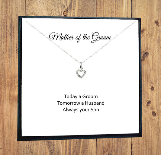 Mother of the Groom Heart Necklace with Cubic Zirconia in Sterling Silver 925, Personalised Gift