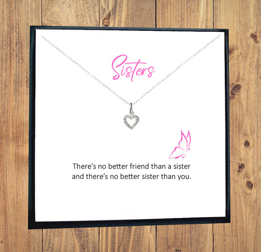 Sister Heart Necklace with Cubic Zirconia in Sterling Silver 925, Personalised Gift