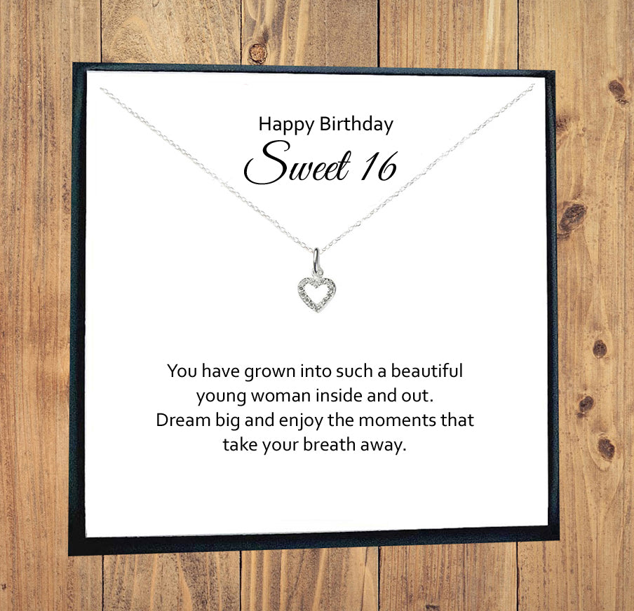 Sweet 16 Heart Necklace with Cubic Zirconia in Sterling Silver 925, Personalised Gift
