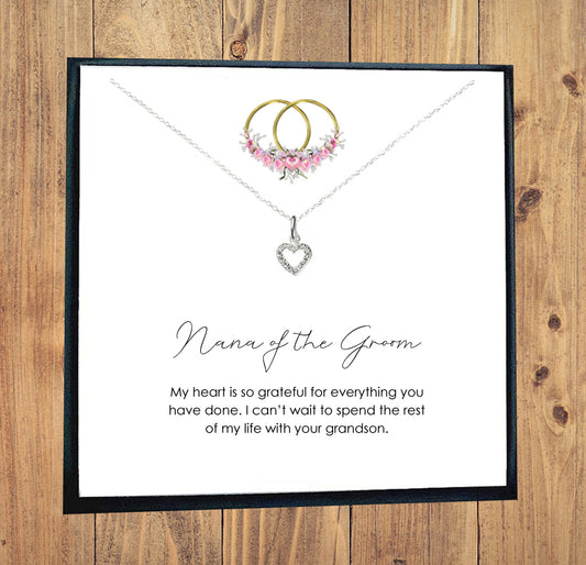 Nana of the Groom Heart Necklace with Cubic Zirconia in Sterling Silver 925, Personalised Gift