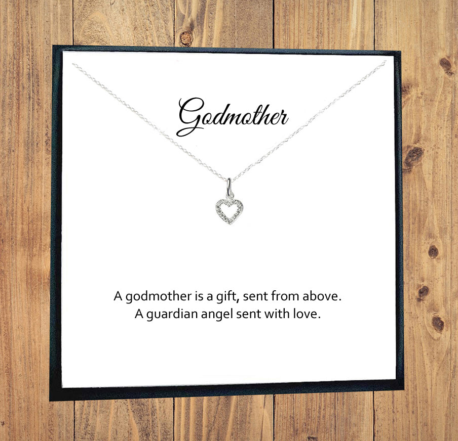 Godmother Heart Necklace with Cubic Zirconia in Sterling Silver 925, Personalised Gift
