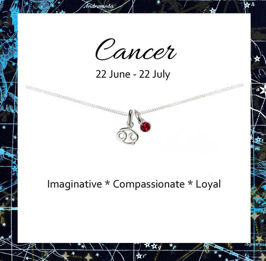Cancer Zodiac Necklace with Birthstone in Sterling Silver 925, Personalised Jewellery Gift