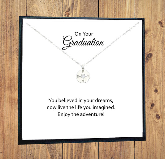 Graduation Compass Necklace in Sterling Silver 925, Personalised Gift
