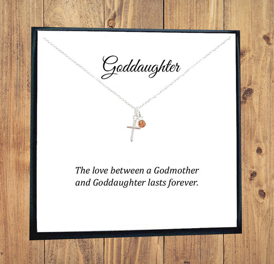 Goddaughter Cross Necklace with Birthstone in Sterling Silver 925, Personalised Gift
