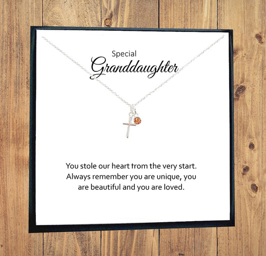 Granddaughter Cross Necklace with Birthstone in Sterling Silver 925, Personalised Gift