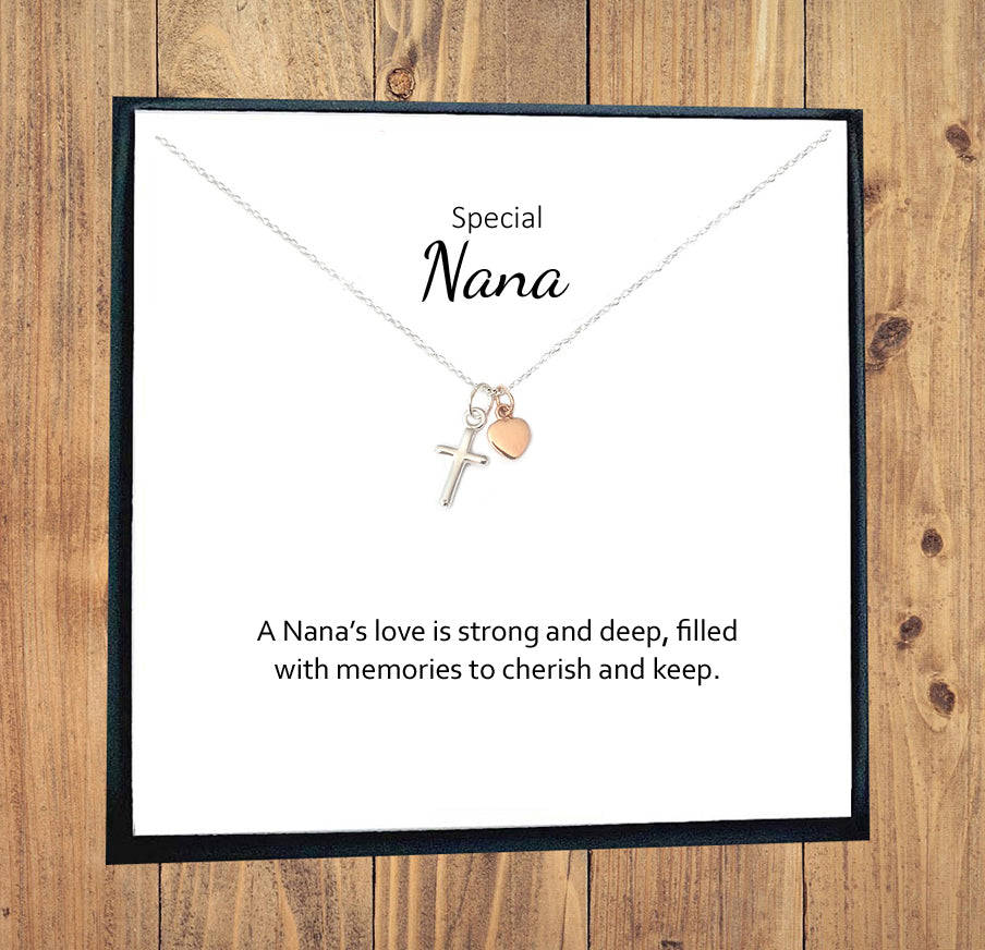 Nana Gift, Cross with Heart Necklace 925 Sterling Silver, Personalised Necklace, Message Jewellery
