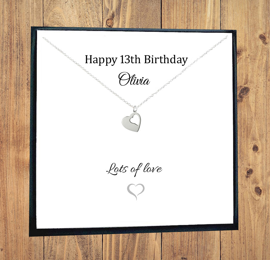 13th Birthday Cut Out Heart Necklace in Sterling Silver 925, Personalised Gift