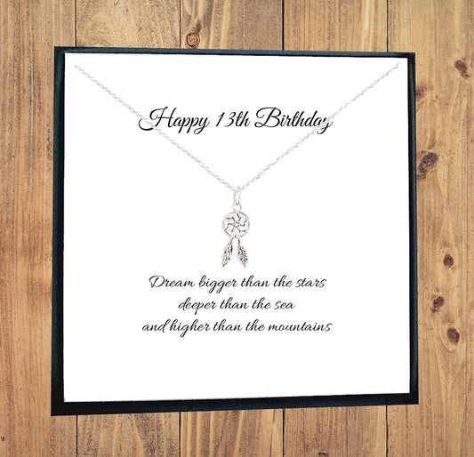 13th Birthday Gift Dreamcatcher Necklace for Teen Girl's 925 Sterling Silver Message Jewellery