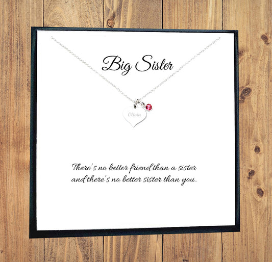 Big Sister Gift, Engraved Heart Birthstone Necklace 925 Sterling Silver, Personalised Necklace, Message Jewellery