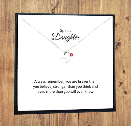 Daughter Gift, Engraved Heart Birthstone Necklace 925 Sterling Silver, Personalised Necklace, Message Jewellery