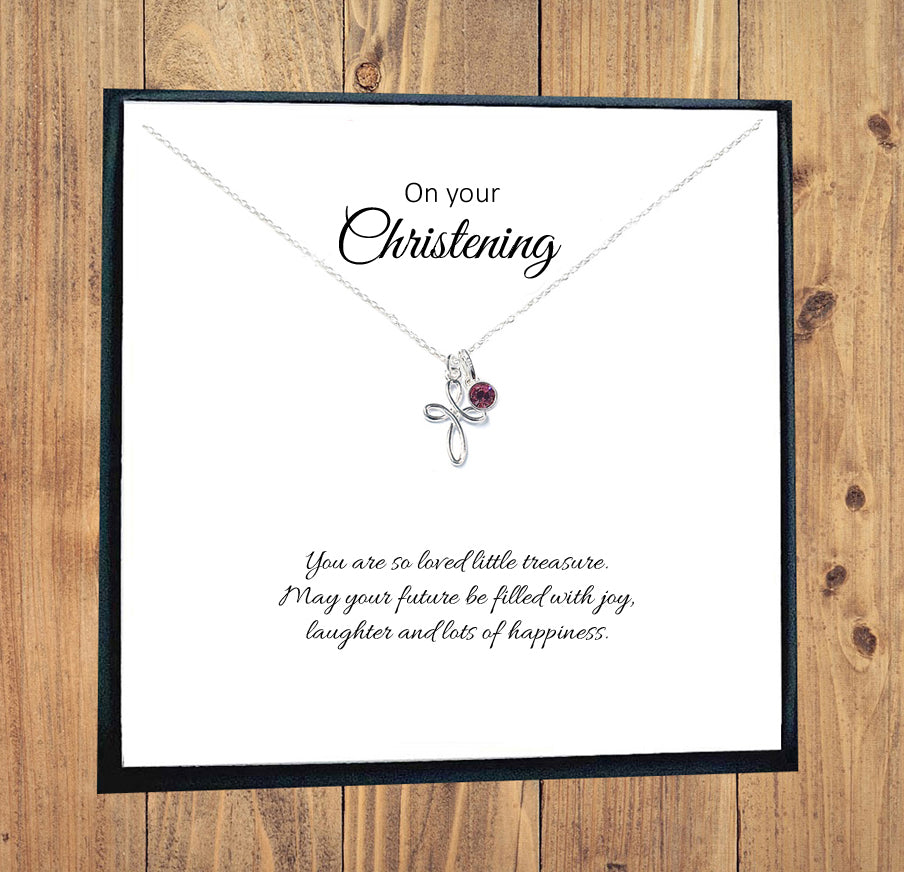 Christening Eternity Cross Necklace with Birthstone in Sterling Silver 925, Personalised Keepsake Gift