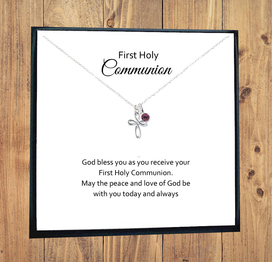 First Holy Communion Eternity Cross Necklace with Birthstone in Sterling Silver 925, Personalised Keepsake Gift
